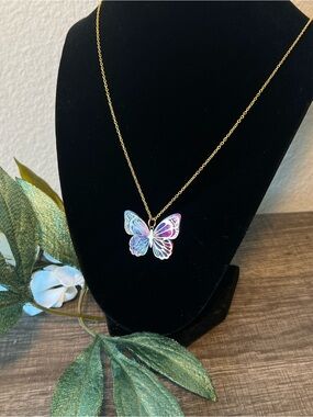 Gold Lined Butterfly Pendant Necklace in Iridescent Purple and Blue